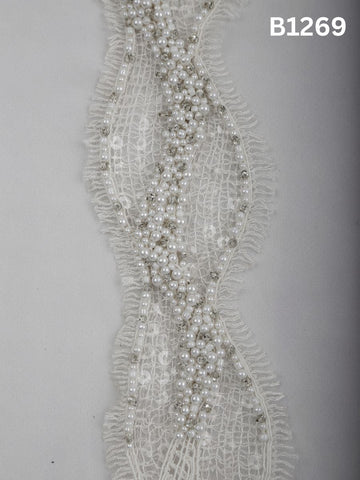 #B1269 Ivory Halo: Abstract Hand-Beaded Trim with Tonal Beads and Delicate Thread work
