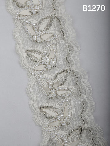 #B1270 Ivory Floral Hand-Beaded Trim with Fine Thread work and Textured Beads