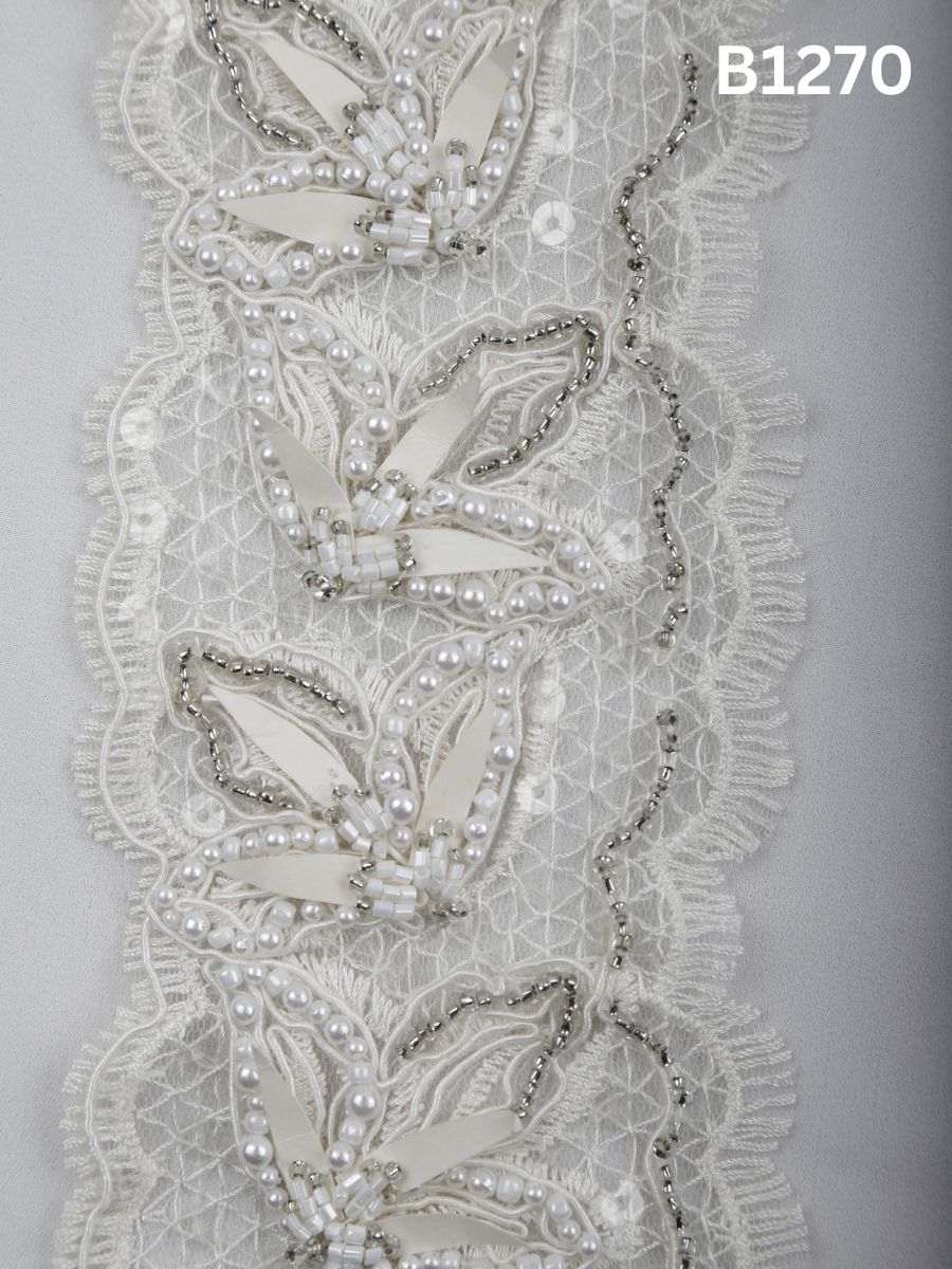 #B1270 Ivory Floral Hand-Beaded Trim with Fine Thread work and Textured Beads
