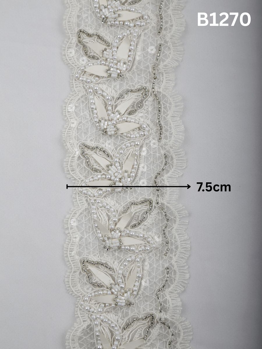 #B1270 Ivory Floral Hand-Beaded Trim with Fine Thread work and Textured Beads