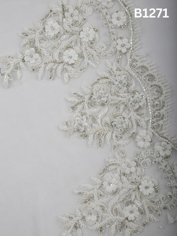 #B1271 Classic Floral Hand-Beaded Trim in Soft Ivory with Intricate Thread work and Dimensional Beads