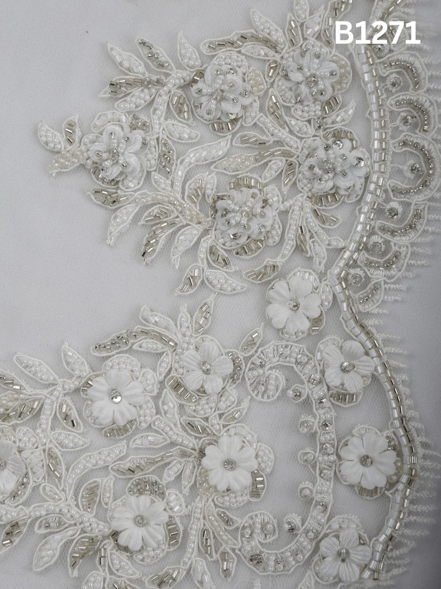 #B1271 Classic Floral Hand-Beaded Trim in Soft Ivory with Intricate Thread work and Dimensional Beads