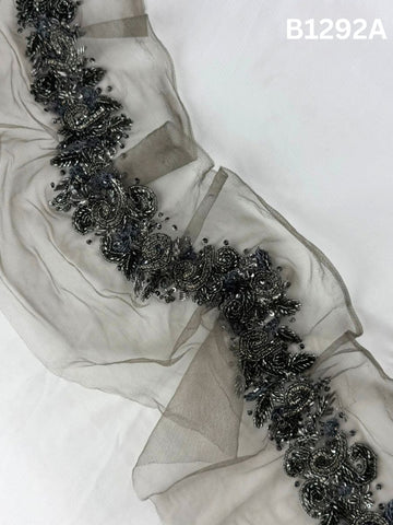 #B1292A Dark Grey Hand-Beaded Floral Trim with Sequins, Thread work, and Precision Beads
