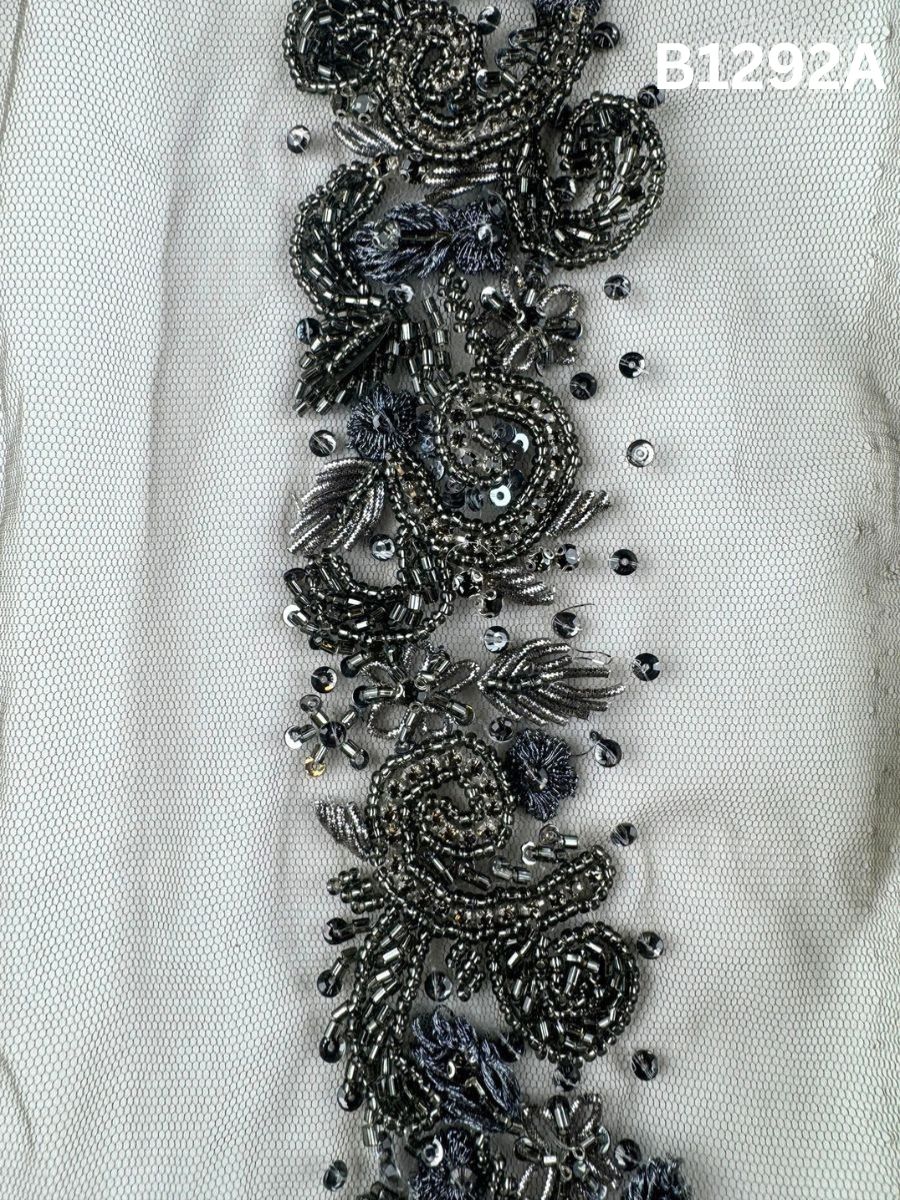 #B1292A Dark Grey Hand-Beaded Floral Trim with Sequins, Thread work, and Precision Beads