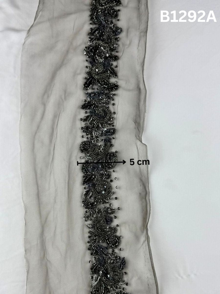 #B1292A Dark Grey Hand-Beaded Floral Trim with Sequins, Thread work, and Precision Beads