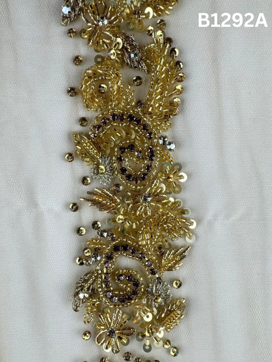 #B1292A Dark Grey Hand-Beaded Floral Trim with Sequins, Thread work, and Precision Beads