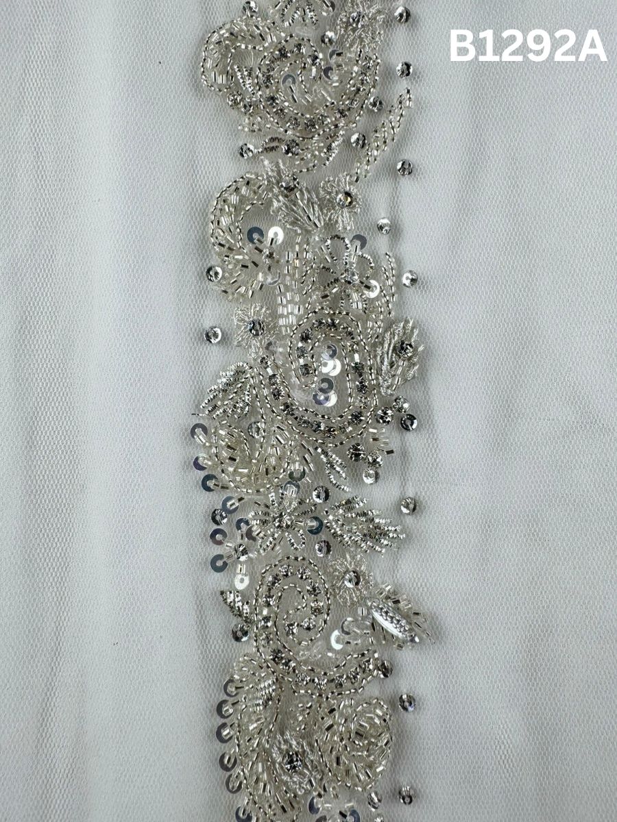#B1292A Dark Grey Hand-Beaded Floral Trim with Sequins, Thread work, and Precision Beads