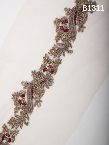 #B1311 Gold & Red Classic Floral Hand-Beaded Trim with Intricate Thread work, Radiant Rhinestones and Dimensional Beads