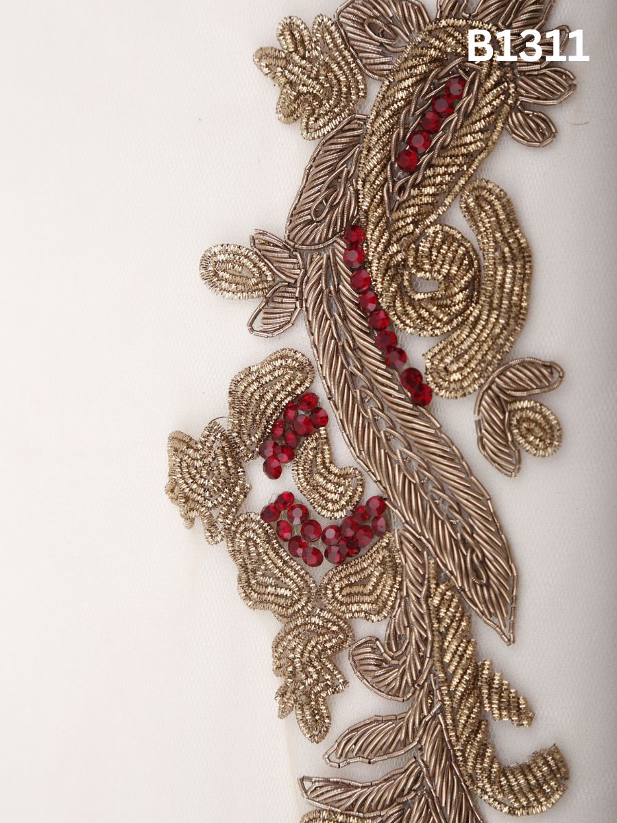 #B1311 Gold & Red Classic Floral Hand-Beaded Trim with Intricate Thread work, Radiant Rhinestones and Dimensional Beads