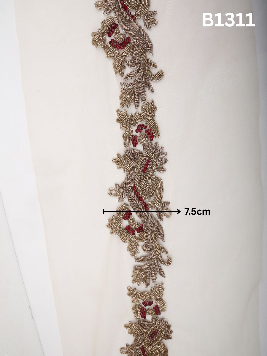#B1311 Gold & Red Classic Floral Hand-Beaded Trim with Intricate Thread work, Radiant Rhinestones and Dimensional Beads