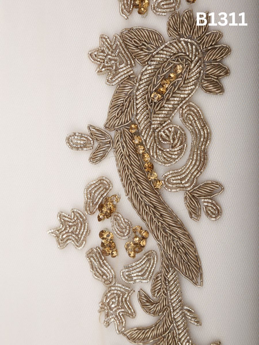 #B1311 Gold & Red Classic Floral Hand-Beaded Trim with Intricate Thread work, Radiant Rhinestones and Dimensional Beads