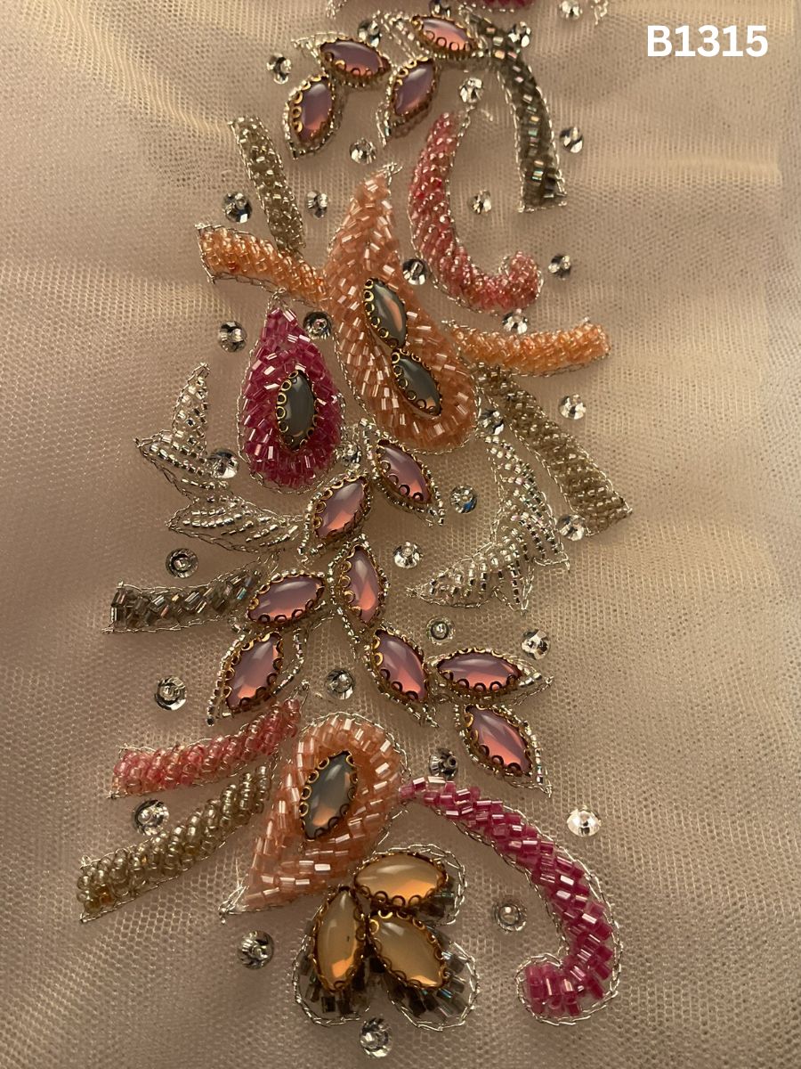 #B1315 Vibrant Multi-Colour Abstract Hand-Beaded Trim with Intricate Beads & Sparkling Rhinestones