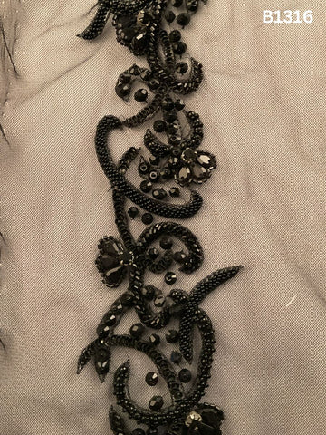 #B1316 Bold Black Abstract Hand-Beaded Trim with Intricate Beads & Glimmering Rhinestones