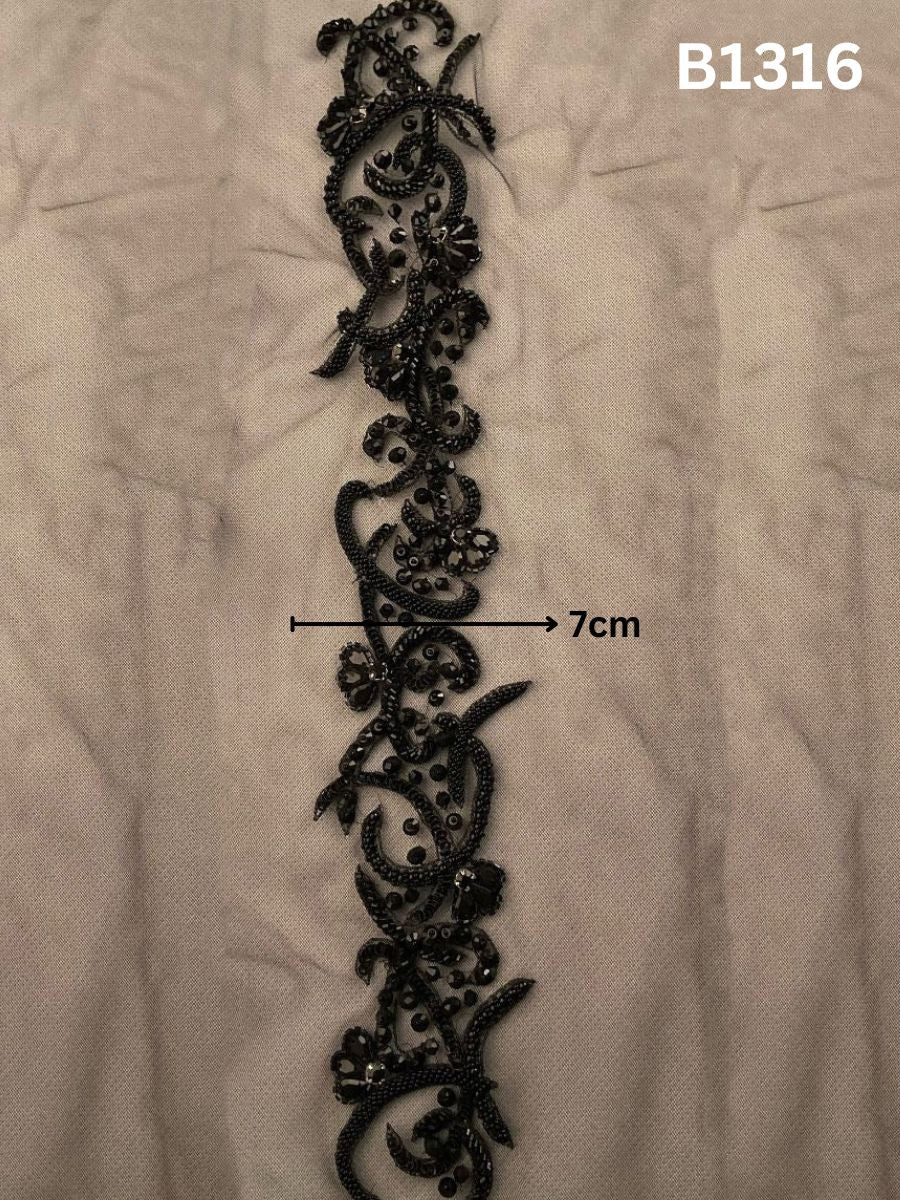 #B1316 Bold Black Abstract Hand-Beaded Trim with Intricate Beads & Glimmering Rhinestones