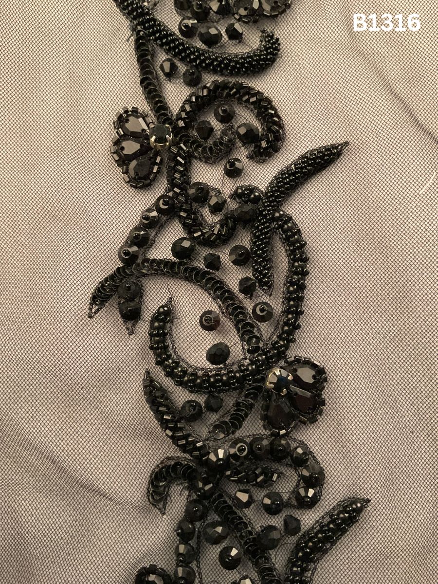 #B1316 Bold Black Abstract Hand-Beaded Trim with Intricate Beads & Glimmering Rhinestones