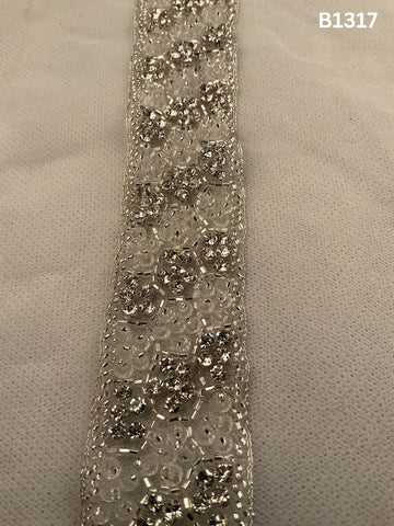 #B1317 Lustrous Silver Abstract Hand-Beaded Trim with Intricate Beads, Sparkling Rhinestones & Crystals
