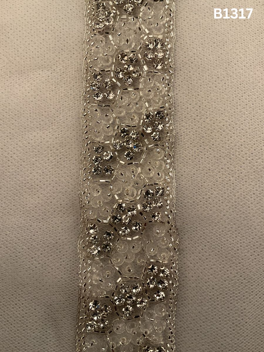 #B1317 Lustrous Silver Abstract Hand-Beaded Trim with Intricate Beads, Sparkling Rhinestones & Crystals