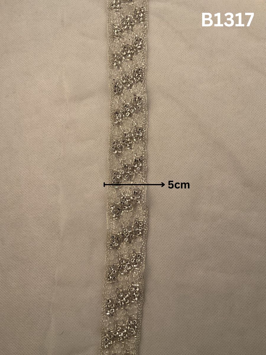 #B1317 Lustrous Silver Abstract Hand-Beaded Trim with Intricate Beads, Sparkling Rhinestones & Crystals