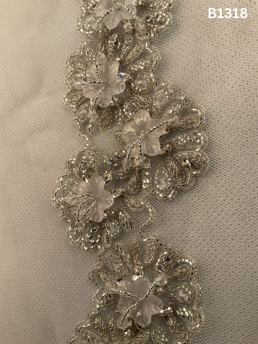 #B1318 Refined Silver Abstract Hand-Beaded Trim with Intricate Beads, Dazzling Rhinestones & Fine Threadwork