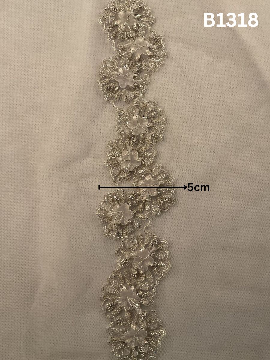 #B1318 Refined Silver Abstract Hand-Beaded Trim with Intricate Beads, Dazzling Rhinestones & Fine Threadwork