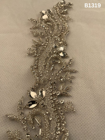#B1319 Elegant Silver Abstract Hand-Beaded Trim with Intricate Beadwork and Sparkling Rhinestones