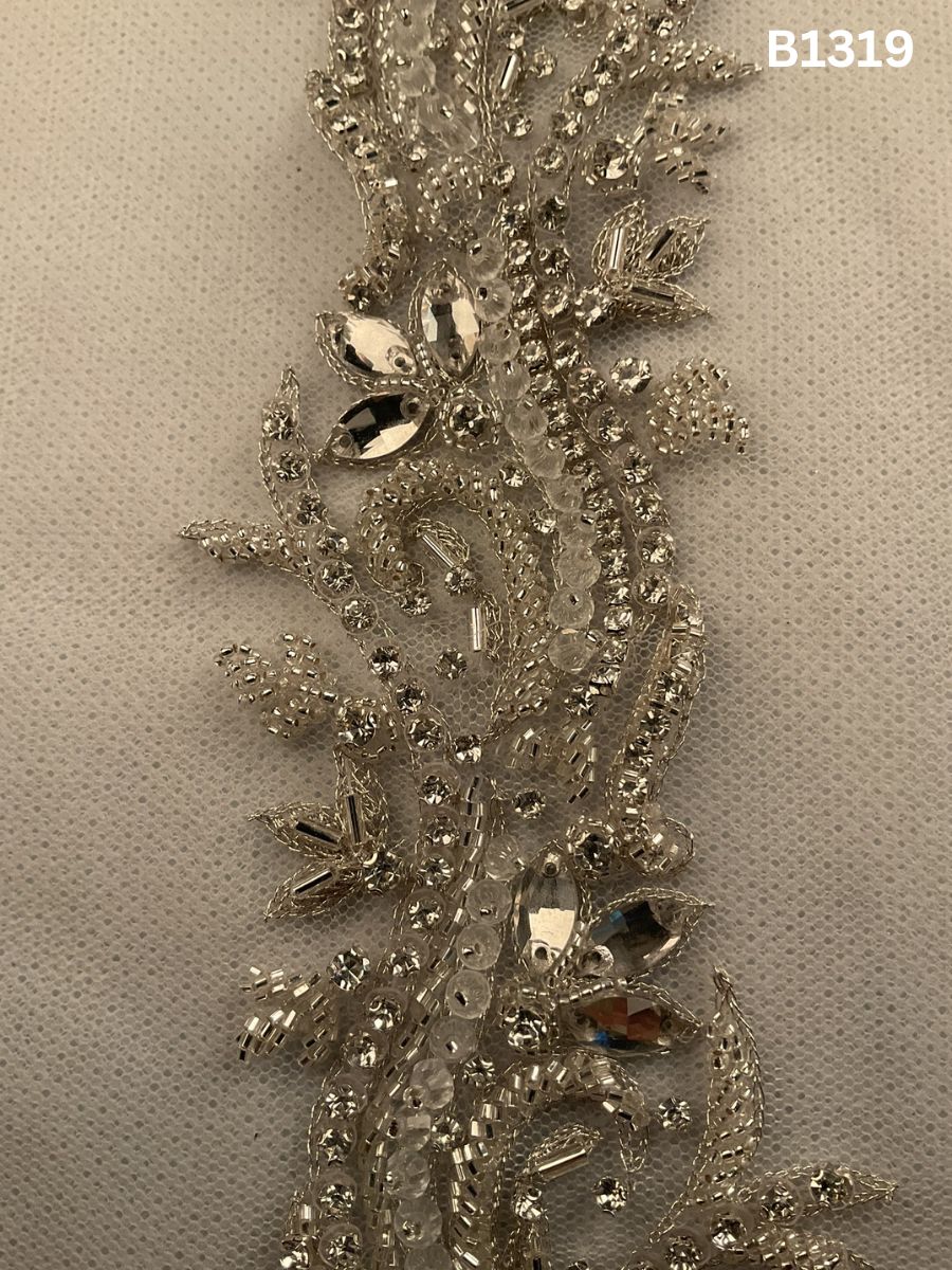 #B1319 Elegant Silver Abstract Hand-Beaded Trim with Intricate Beadwork and Sparkling Rhinestones