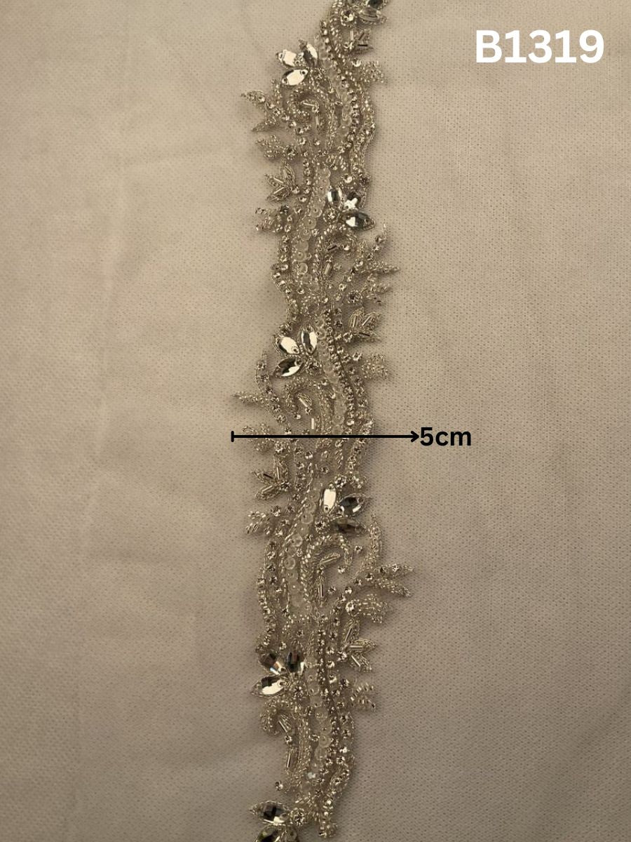 #B1319 Elegant Silver Abstract Hand-Beaded Trim with Intricate Beadwork and Sparkling Rhinestones