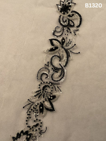 #B1320 Striking Black & Silver Abstract Hand-Beaded Trim with Intricate Beads & Sequins