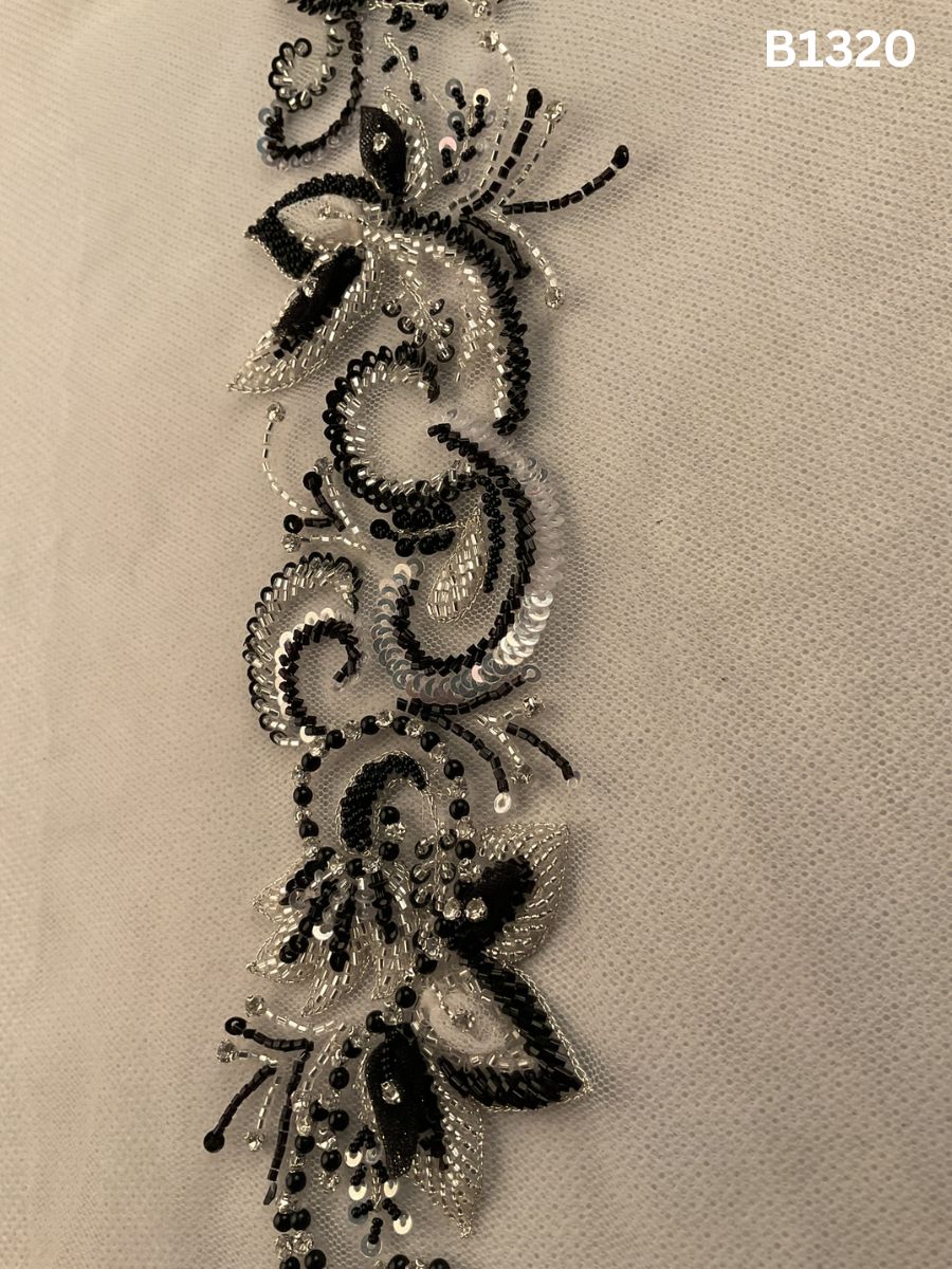 #B1320 Striking Black & Silver Abstract Hand-Beaded Trim with Intricate Beads & Sequins