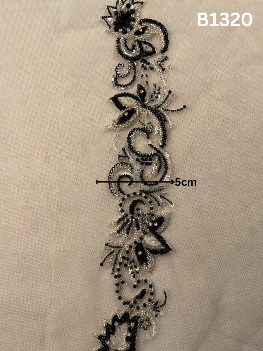 #B1320 Striking Black & Silver Abstract Hand-Beaded Trim with Intricate Beads & Sequins