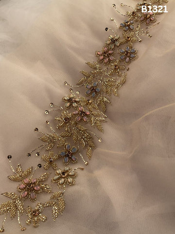 #B1321 Opulent Golden Abstract Hand-Beaded Trim with Intricate Beads & Dazzling Rhinestones