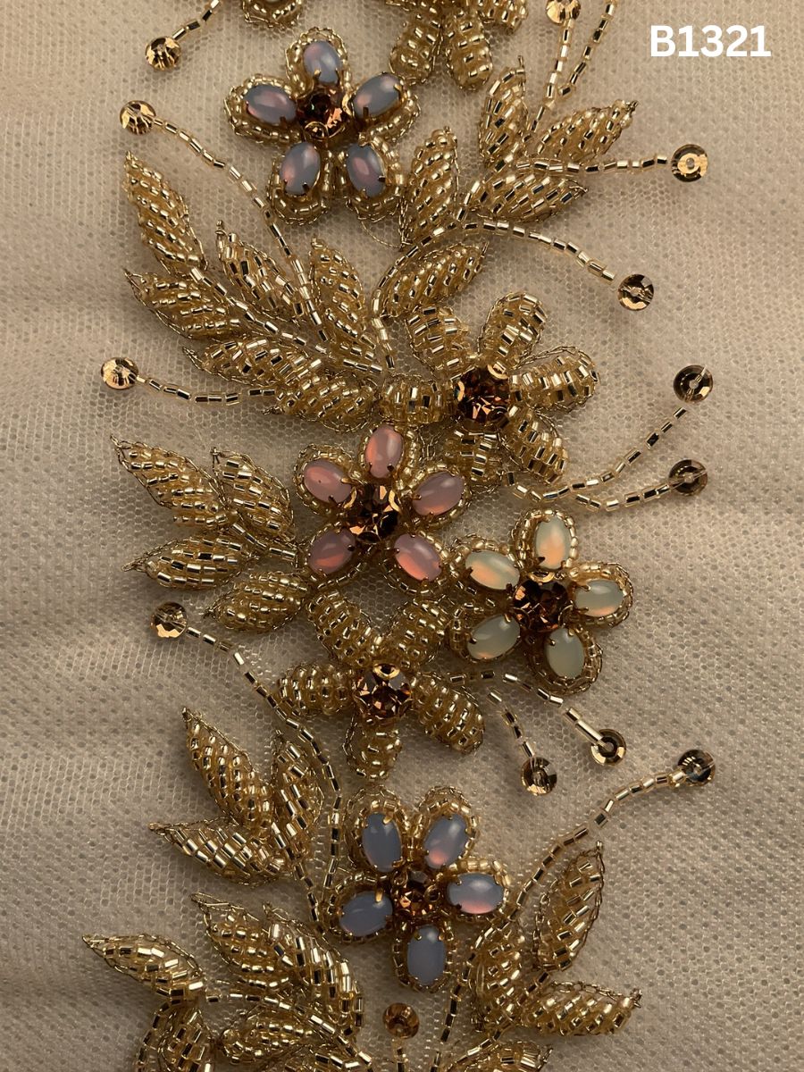 #B1321 Opulent Golden Abstract Hand-Beaded Trim with Intricate Beads & Dazzling Rhinestones