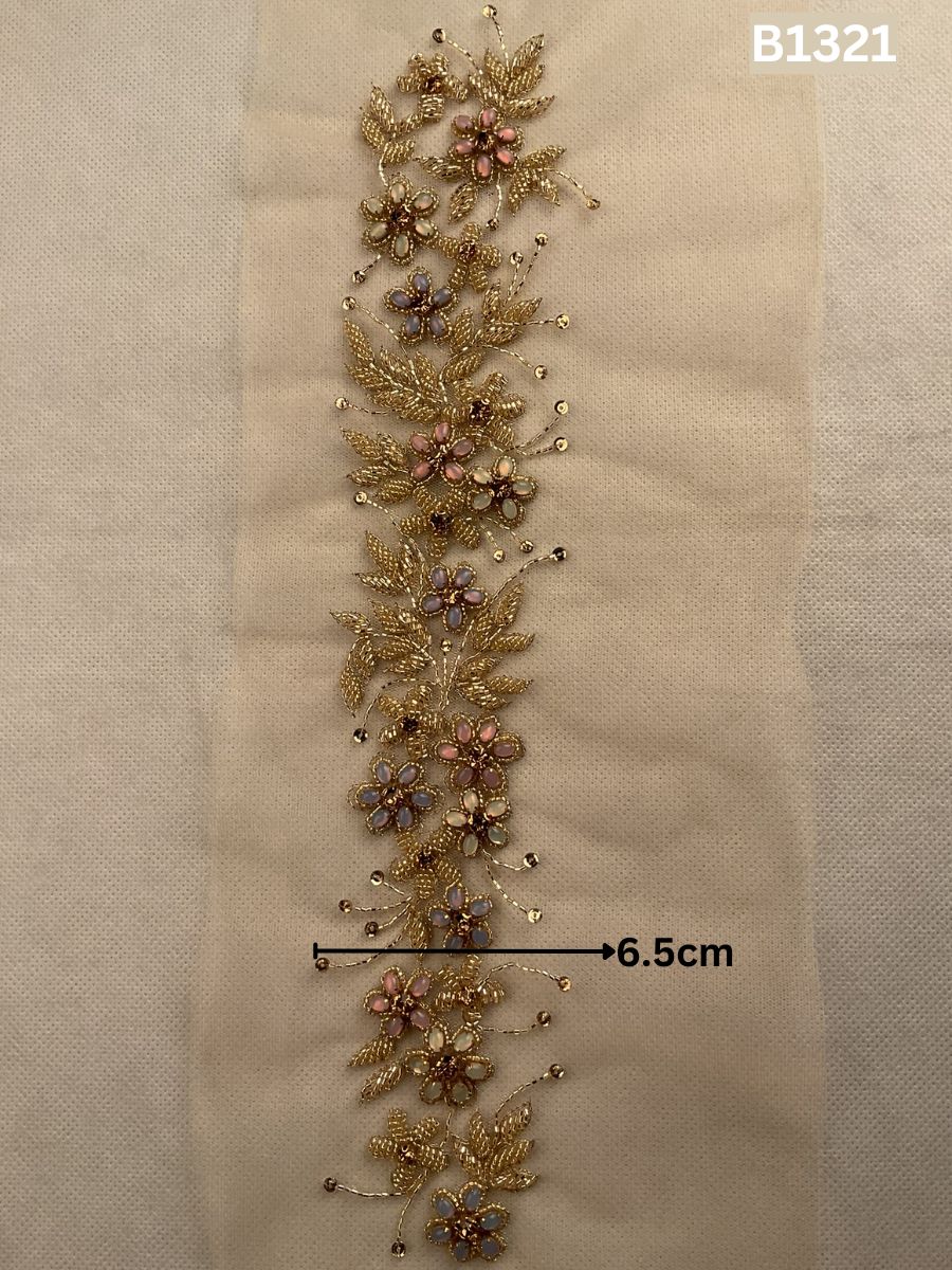 #B1321 Opulent Golden Abstract Hand-Beaded Trim with Intricate Beads & Dazzling Rhinestones