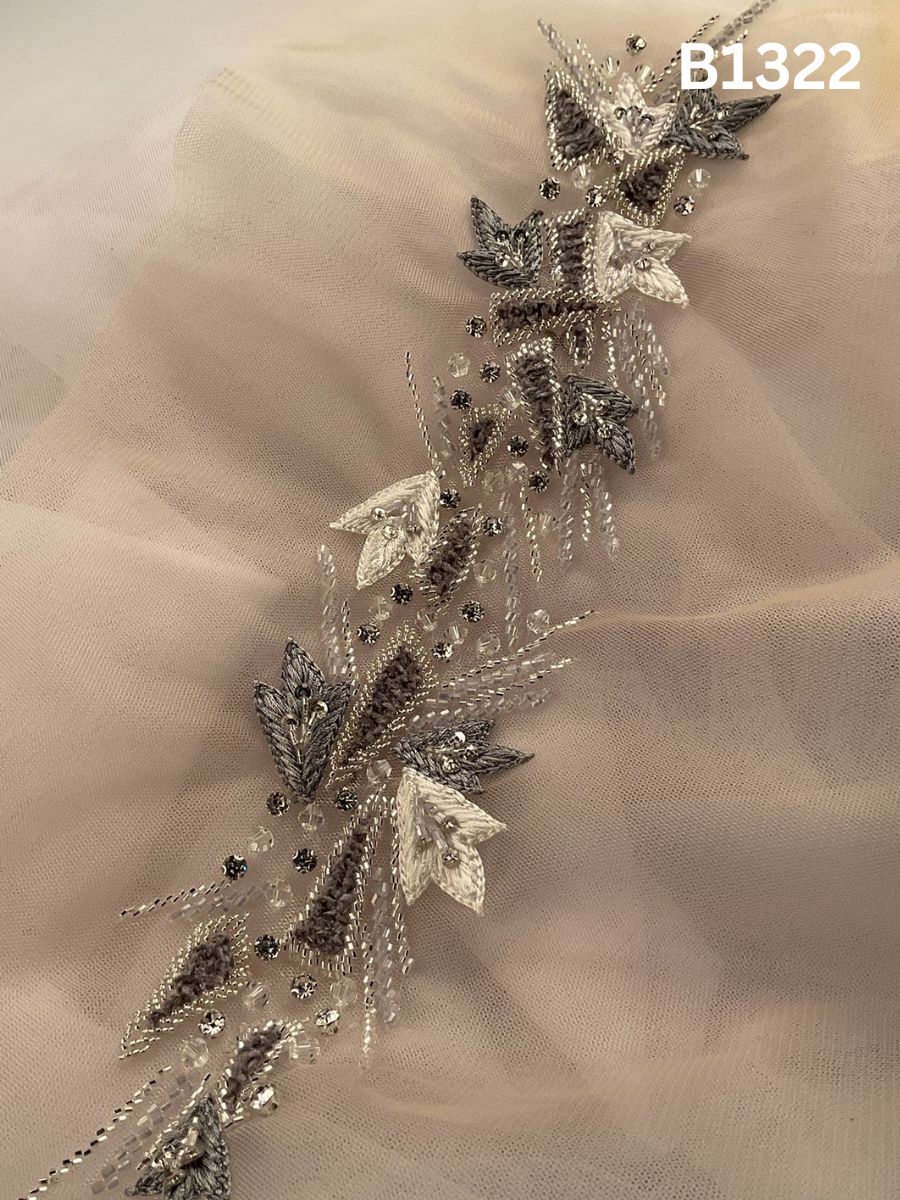 #B1322 Refined Grey & Silver Abstract Hand-Beaded Trim with Delicate Beadwork and Fine Thread Embroidery
