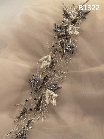 #B1322 Refined Grey & Silver Abstract Hand-Beaded Trim with Delicate Beadwork and Fine Thread Embroidery