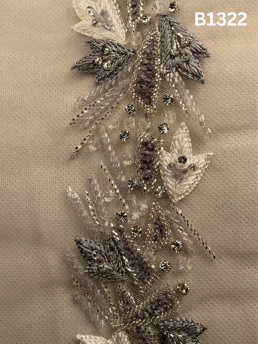 #B1322 Refined Grey & Silver Abstract Hand-Beaded Trim with Delicate Beadwork and Fine Thread Embroidery
