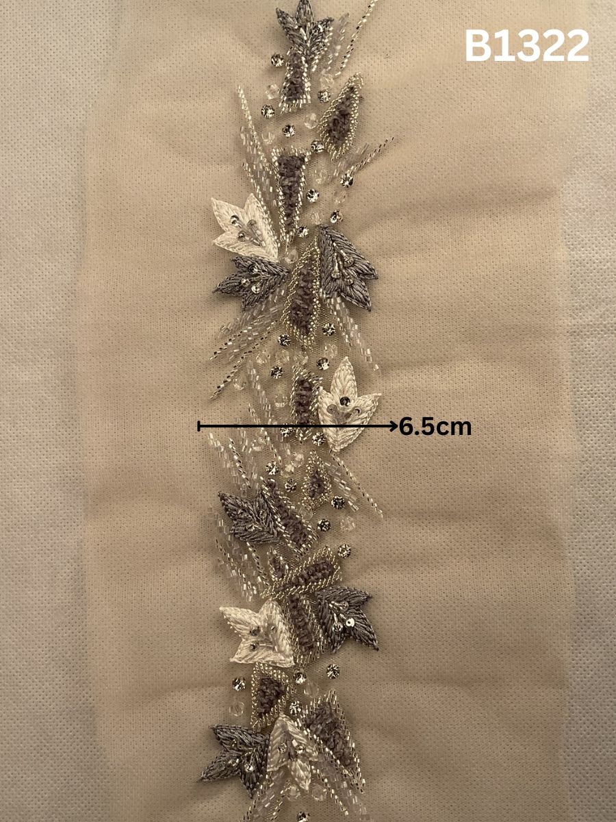 #B1322 Refined Grey & Silver Abstract Hand-Beaded Trim with Delicate Beadwork and Fine Thread Embroidery