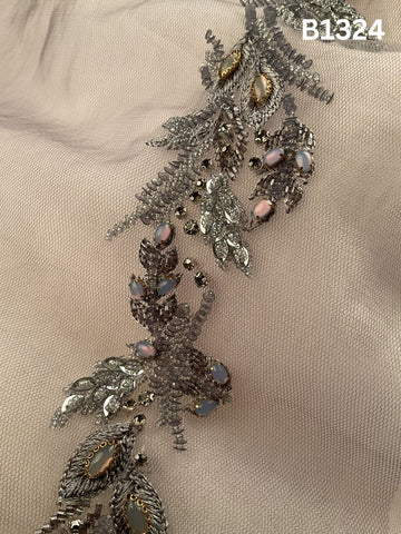#B1324 Elegant Dark Grey Abstract Hand-Beaded Trim with Intricate Sequins, Sparkling Rhinestones & Fine Threadwork