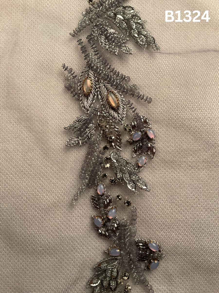 #B1324 Elegant Dark Grey Abstract Hand-Beaded Trim with Intricate Sequins, Sparkling Rhinestones & Fine Threadwork
