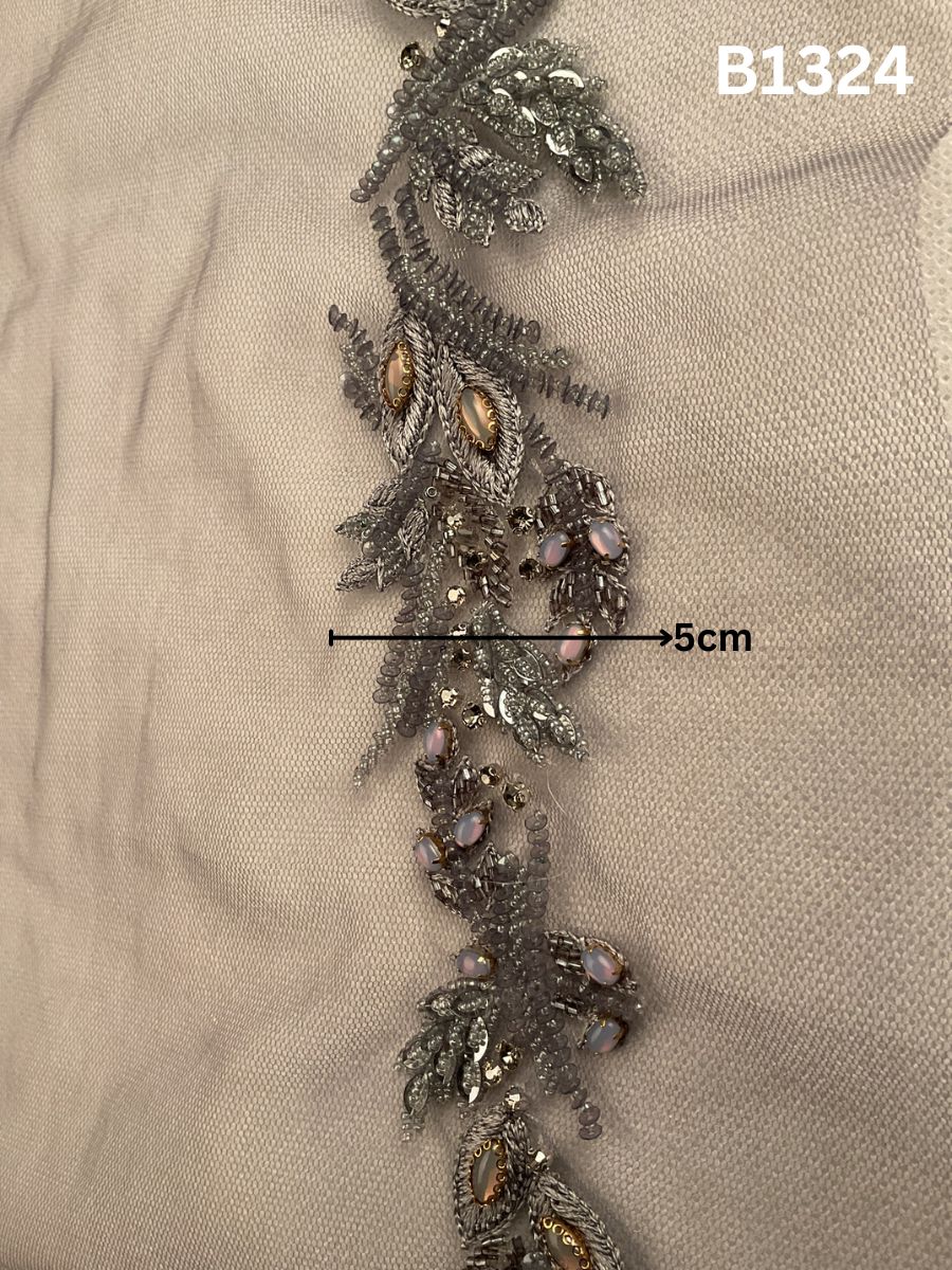 #B1324 Elegant Dark Grey Abstract Hand-Beaded Trim with Intricate Sequins, Sparkling Rhinestones & Fine Threadwork