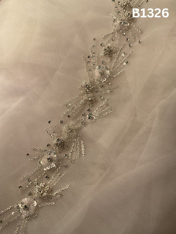 #B1326 Lustrous Silver Abstract Hand-Beaded Trim with Intricate Beads, Sparkling Rhinestones & Shimmering Sequins