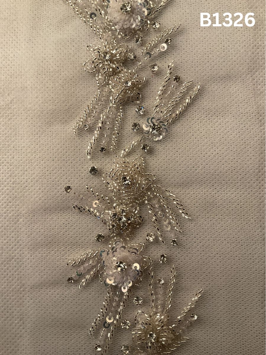 #B1326 Lustrous Silver Abstract Hand-Beaded Trim with Intricate Beads, Sparkling Rhinestones & Shimmering Sequins