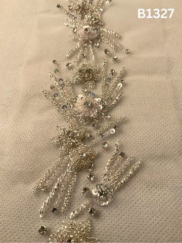 #B1327 Celestial Spark: Hand-Beaded Motif in Silver Abstract Design with Lustrous Beads and Shimmering Sequins