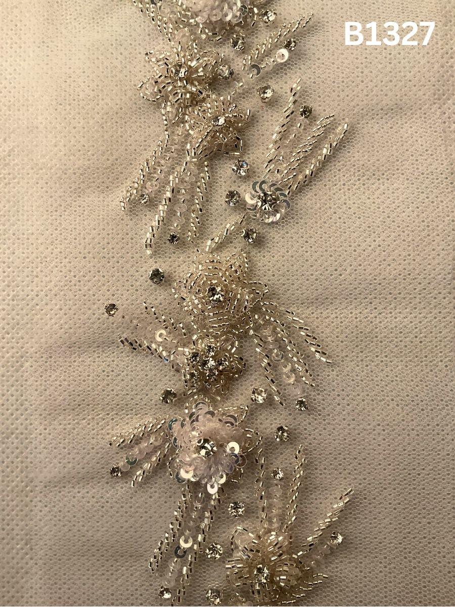 #B1327 Celestial Spark: Hand-Beaded Motif in Silver Abstract Design with Lustrous Beads and Shimmering Sequins