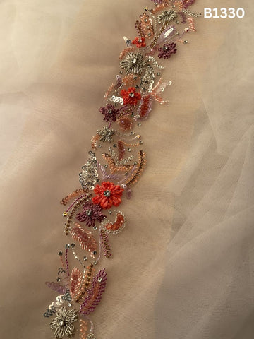 #B1330  Vibrant Multi-Colour Abstract Hand-Beaded Trim with Intricate Beads, Artistic Threadwork & Shimmering Sequins