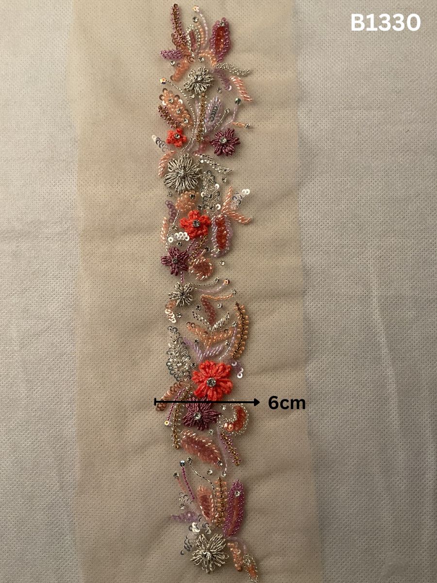 #B1330  Vibrant Multi-Colour Abstract Hand-Beaded Trim with Intricate Beads, Artistic Threadwork & Shimmering Sequins