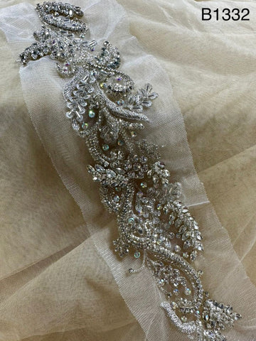 #B1332 Elegant Hand-Beaded Silver Floral Trim with Rhinestones, Sequins, and Beads