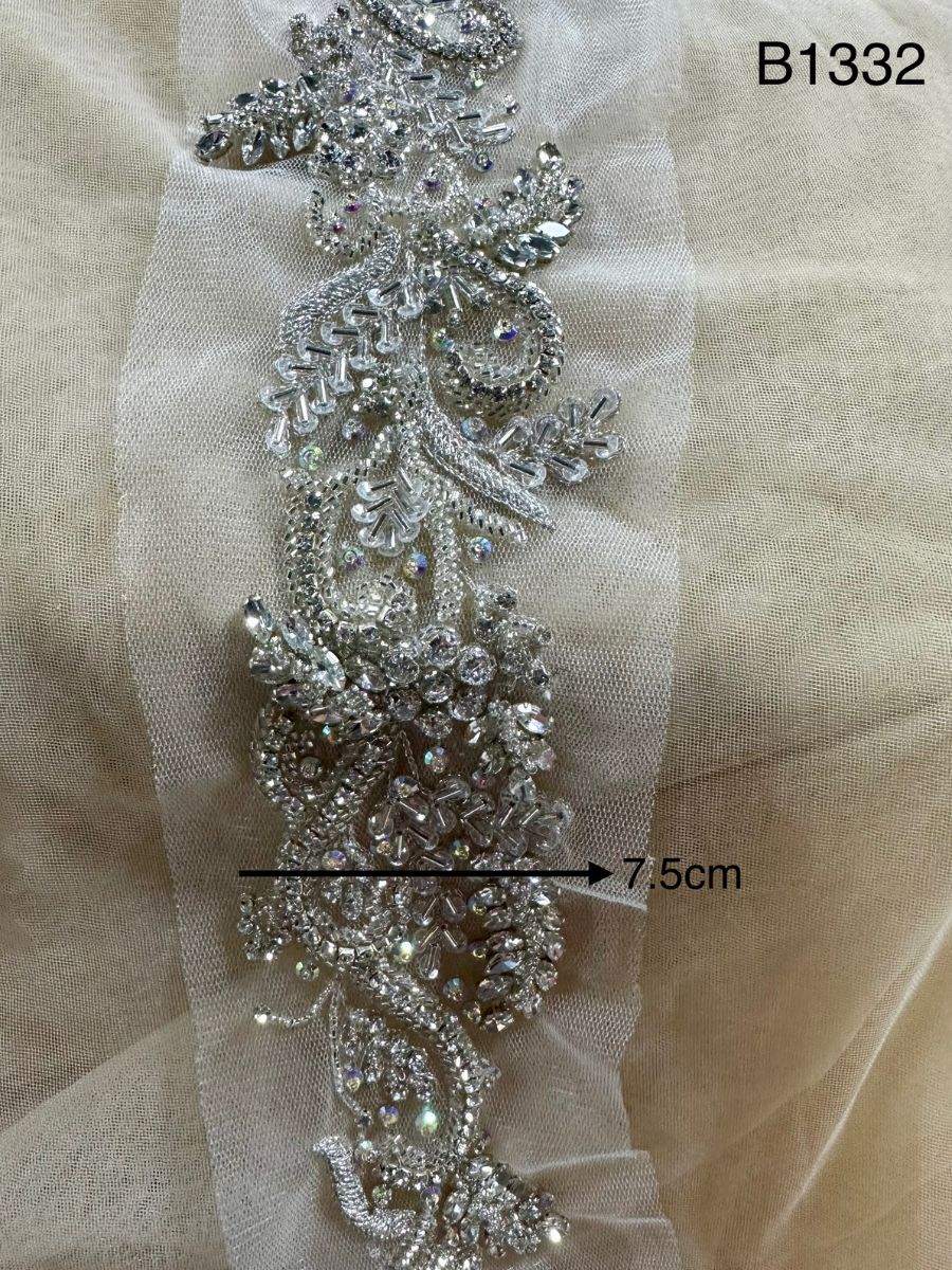 #B1332 Elegant Hand-Beaded Silver Floral Trim with Rhinestones, Sequins, and Beads