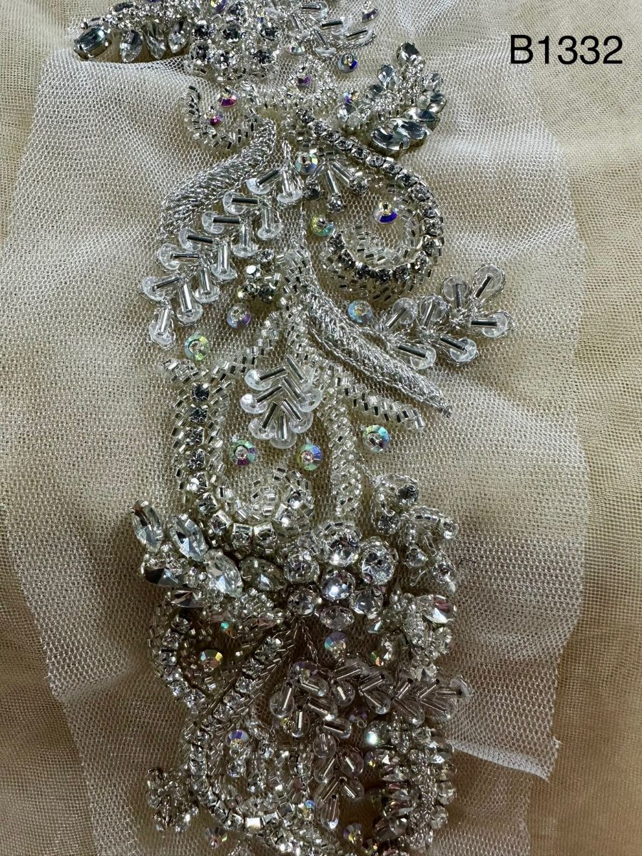 #B1332 Elegant Hand-Beaded Silver Floral Trim with Rhinestones, Sequins, and Beads