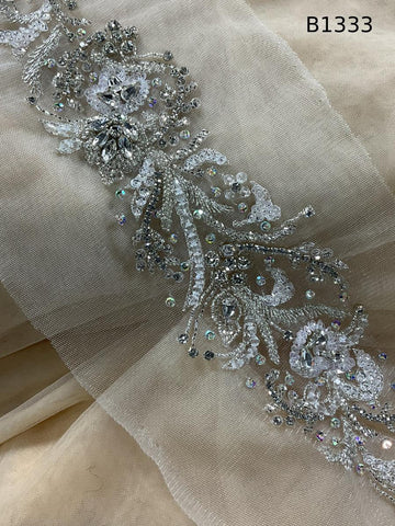 #B1333  Elegant Silver Floral Design Trim Beaded with Rhinestones, Sequins, Crystals, and Beads – Perfect for Fashion, and Crafting Embellishments